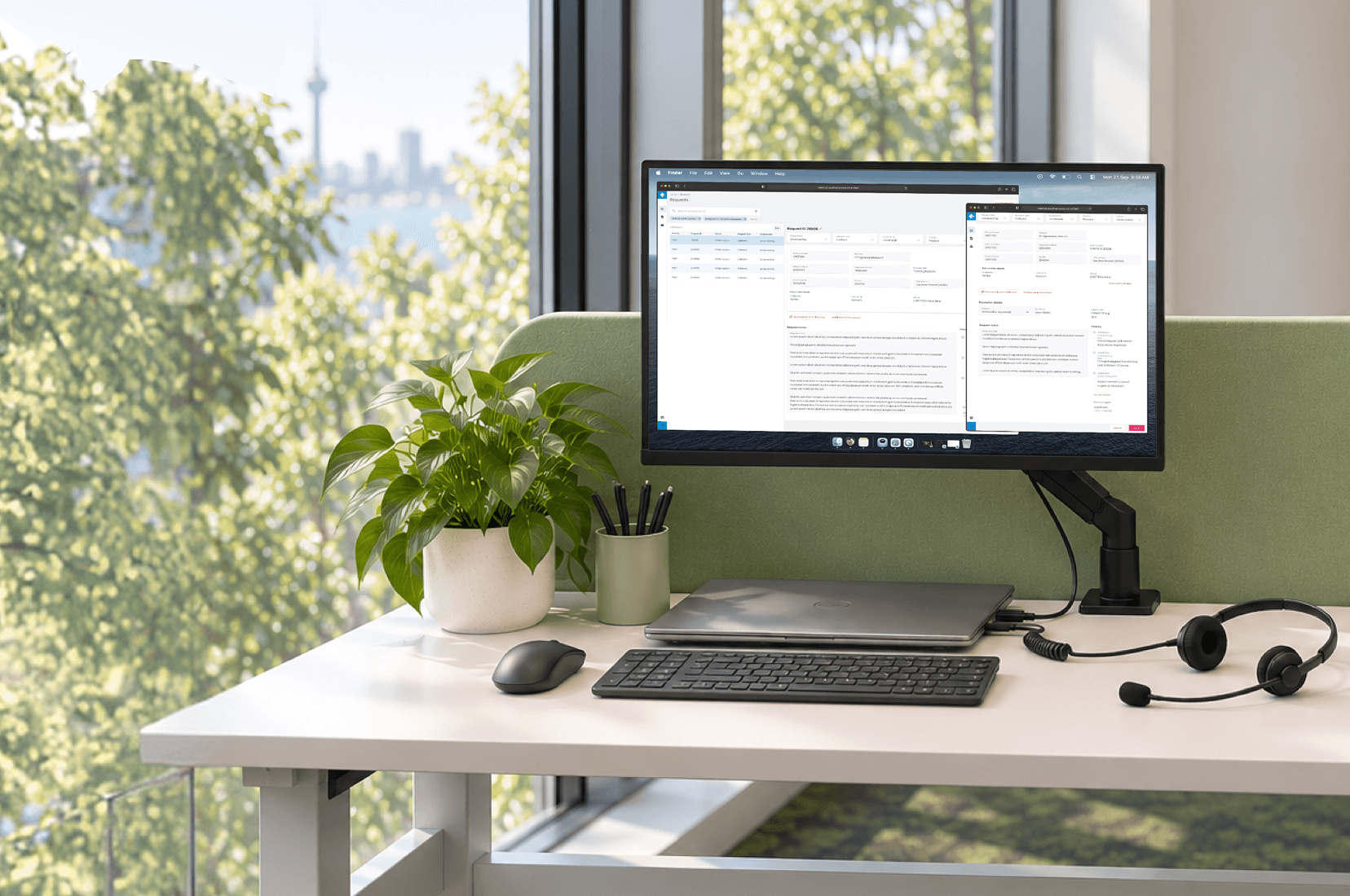 mockup of a desk in a corporate office with two browser tabs on an external monitor open to Tahi